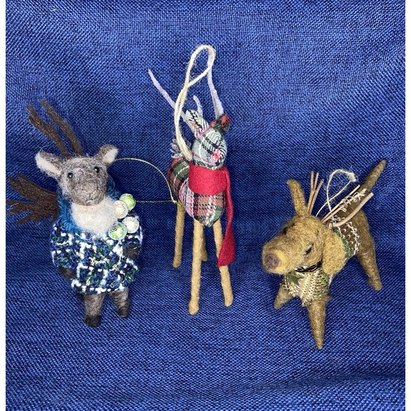 Other - Pottery Barn Plaid Reindeer & Felt Animal Christmas Ornaments Lot of 3 Pre-Owned